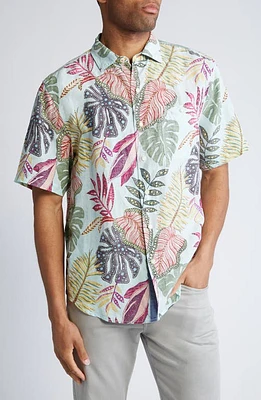 Tommy Bahama Tropical Leaf Print Short Sleeve Linen & Lyocell Button-Up Shirt Aqua Aloha at Nordstrom,