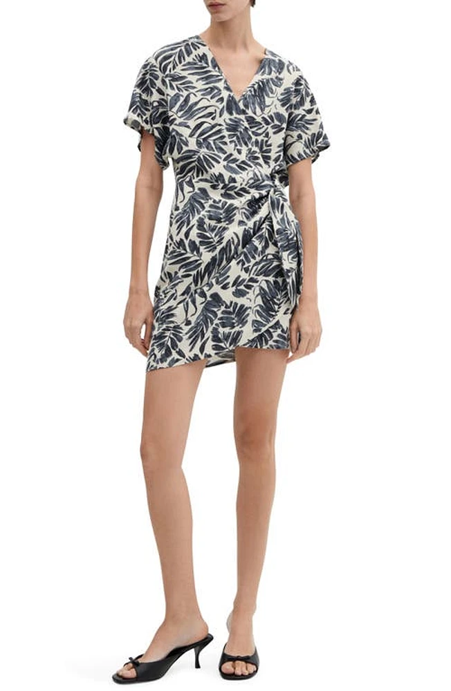 MANGO Print Linen Blend Wrap Dress in Dark Navy at Nordstrom, Size 2