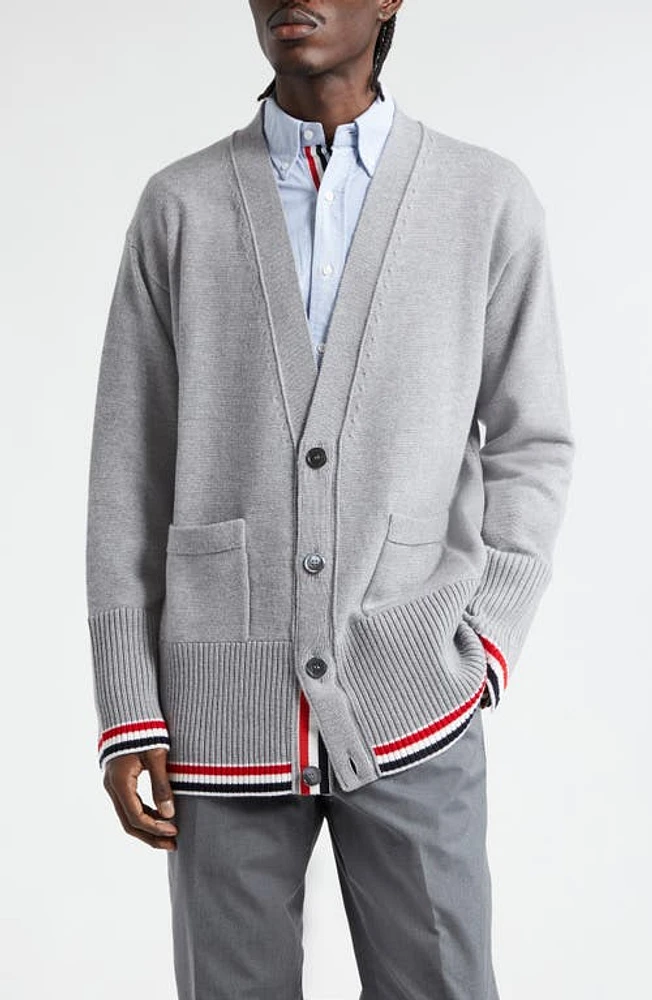 Thom Browne Virgin Wool V-Neck Cardigan Light Grey at Nordstrom,