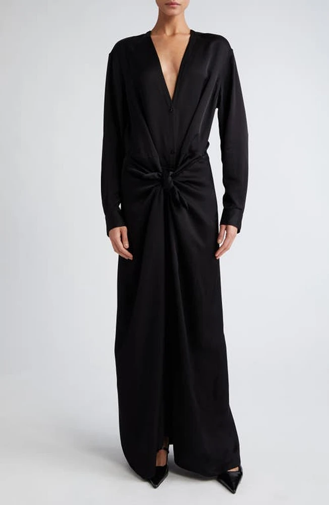 TOTEME Long Sleeve Satin Knot Maxi Dress Black at Nordstrom, Us