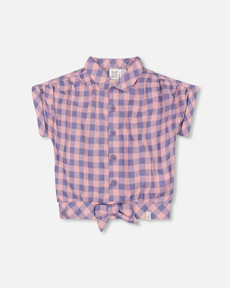 Deux Par Deux Little Girl's Blouse With Knot Plaid Pink And Blue at Nordstrom, Size 4T