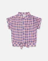 Deux Par Deux Little Girl's Blouse With Knot Plaid Pink And Blue at Nordstrom, Size 4T