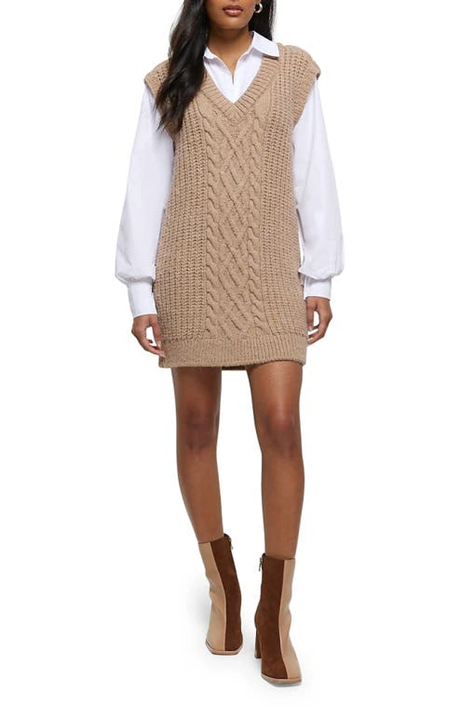 River Island Hybrid Long Sleeve Sweater Dress in Beige at Nordstrom, Size X-Small