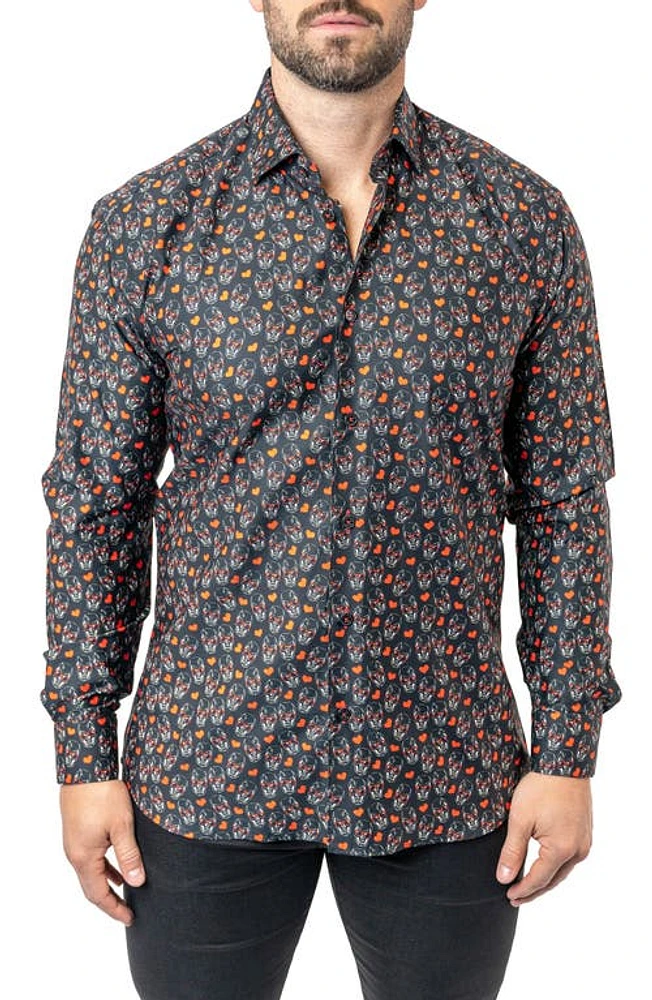 Maceoo Fibonacci Skull Heart Contemporary Fit Button-Up Shirt Black at Nordstrom,