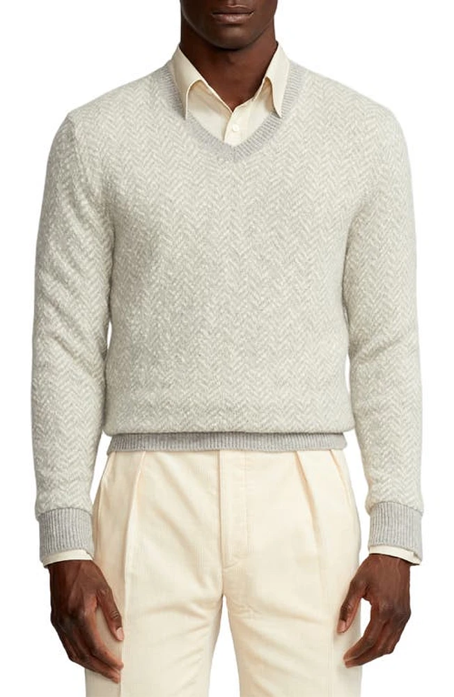 Ralph Lauren Purple Label Herringbone Cashmere V-Neck Sweater Grey Multi at Nordstrom,