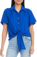 Karen Kane Tie Front Puff Sleeve Button-Up Shirt Blue at Nordstrom,