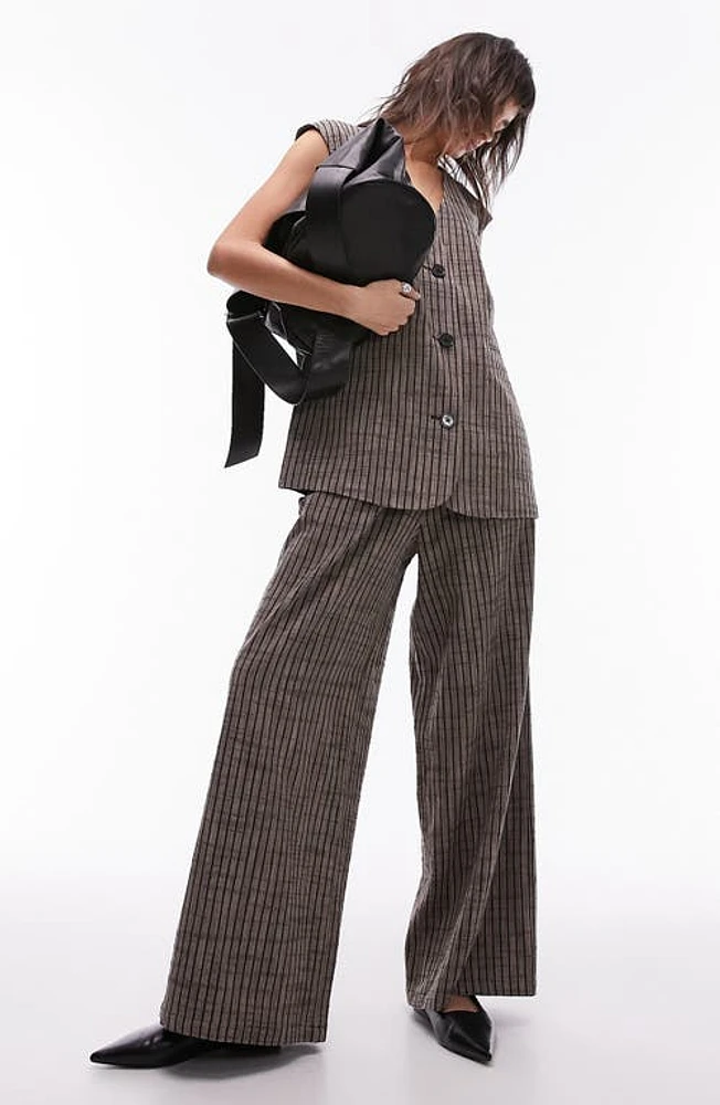 Topshop Stripe Pleated Wide Leg Pants Brown at Nordstrom, Us