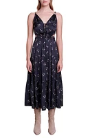 maje Rosolita Sequin Floral Satin Midi Dress Black at Nordstrom,