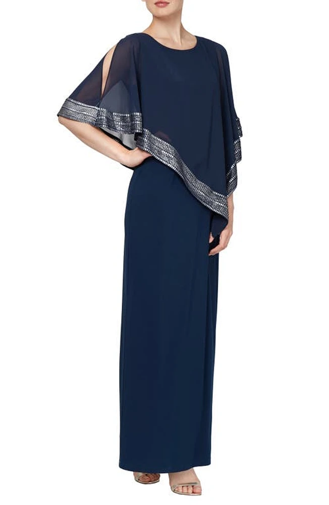 SL FASHIONS Foil Trim Asymmetric Popover Capelet Gown Deep Navy at Nordstrom,