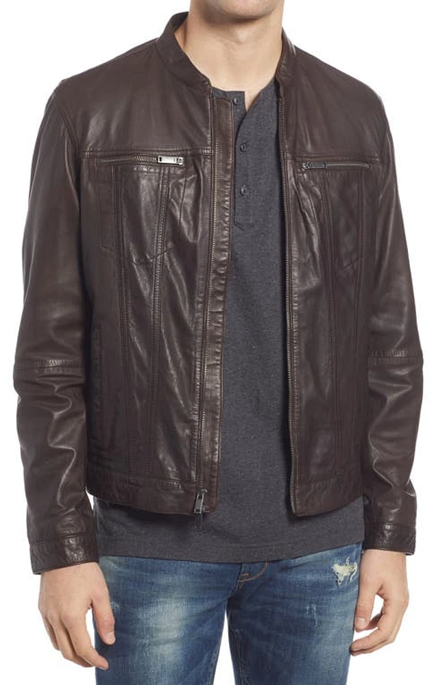 John Varvatos Star USA Band Collar Leather Jacket Chocolate at Nordstrom,