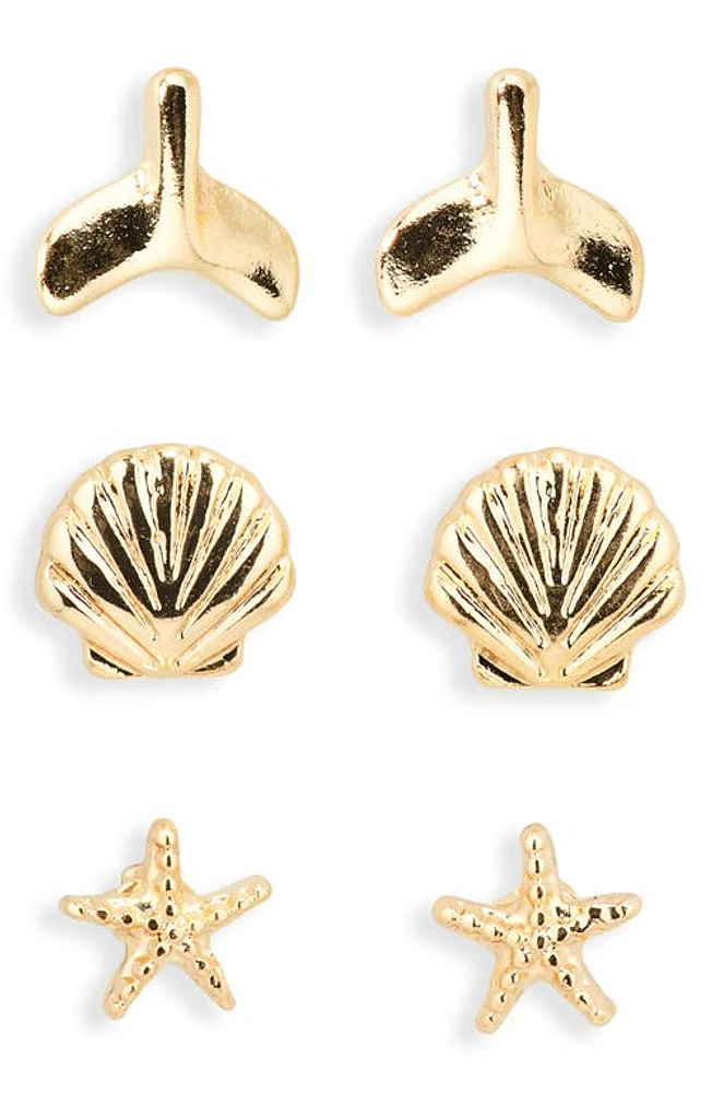 BP. Set of 3 Fin, Shell & Starfish Stud Earrings in Gold at Nordstrom