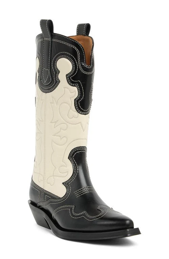 Ganni Embroidered Western Boot Black/Egret at Nordstrom,