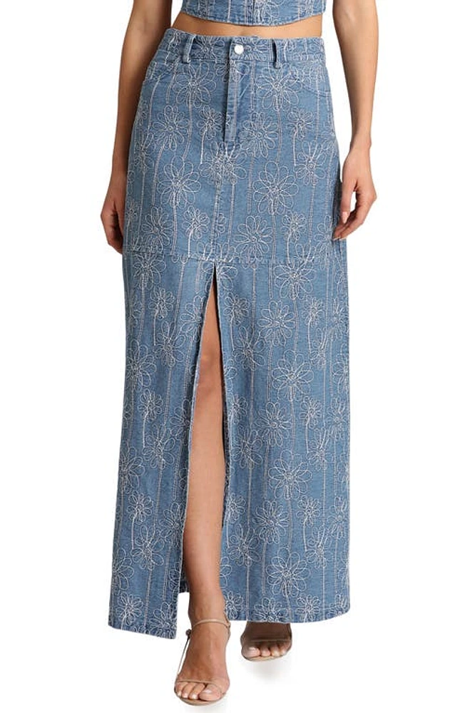 Avec Les Filles Floral Embroidered Slit Denim Maxi Skirt in Duoro Wash at Nordstrom, Size 8