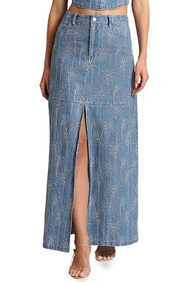 Avec Les Filles Floral Embroidered Slit Denim Maxi Skirt in Duoro Wash at Nordstrom, Size 8