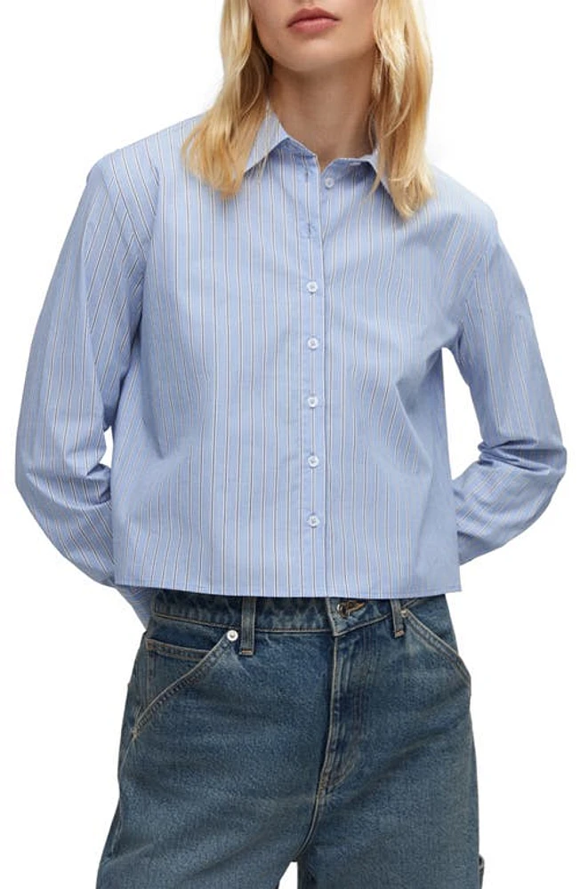 MANGO Stripe Crop Cotton Shirt in Blue at Nordstrom, Size 10