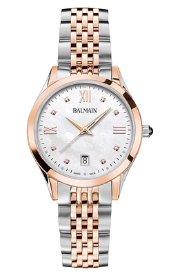 BALMAIN WATCHES Classic R Diamond Two-Tone Bracelet Watch, 34mm in Stainless Steel/Rose Gold at Nordstrom