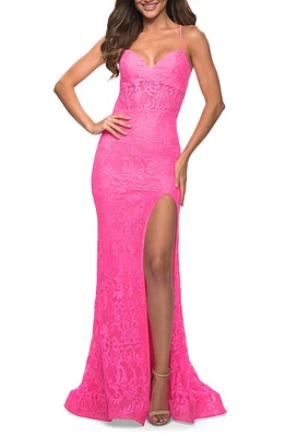 La Femme Strappy Back Stretch Lace Gown Neon Pink at Nordstrom,