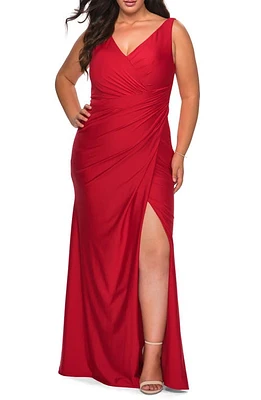 La Femme Ruched Jersey Trumpet Gown Red at Nordstrom,