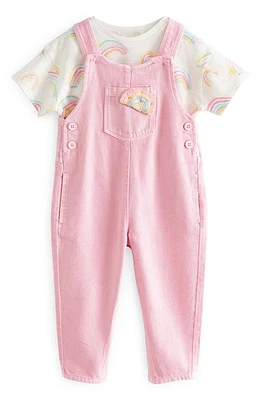 NEXT Kids' Rainbow Graphic T-Shirt & Denim Overalls Set Pink at Nordstrom,