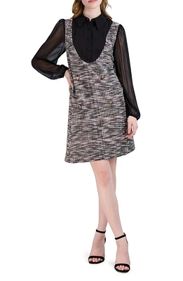 Julia Jordan Long Sleeve Mixed Media Pinafore Dress Black Multi at Nordstrom,