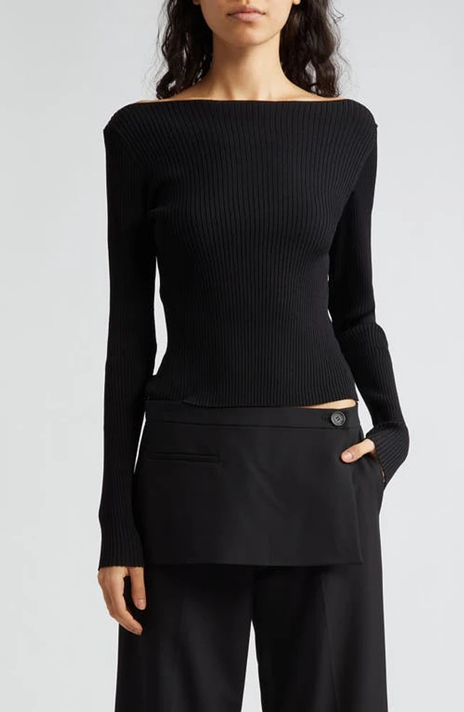 Sandy Liang Times Satin Ribbon Cutout Rib Sweater Black at Nordstrom,