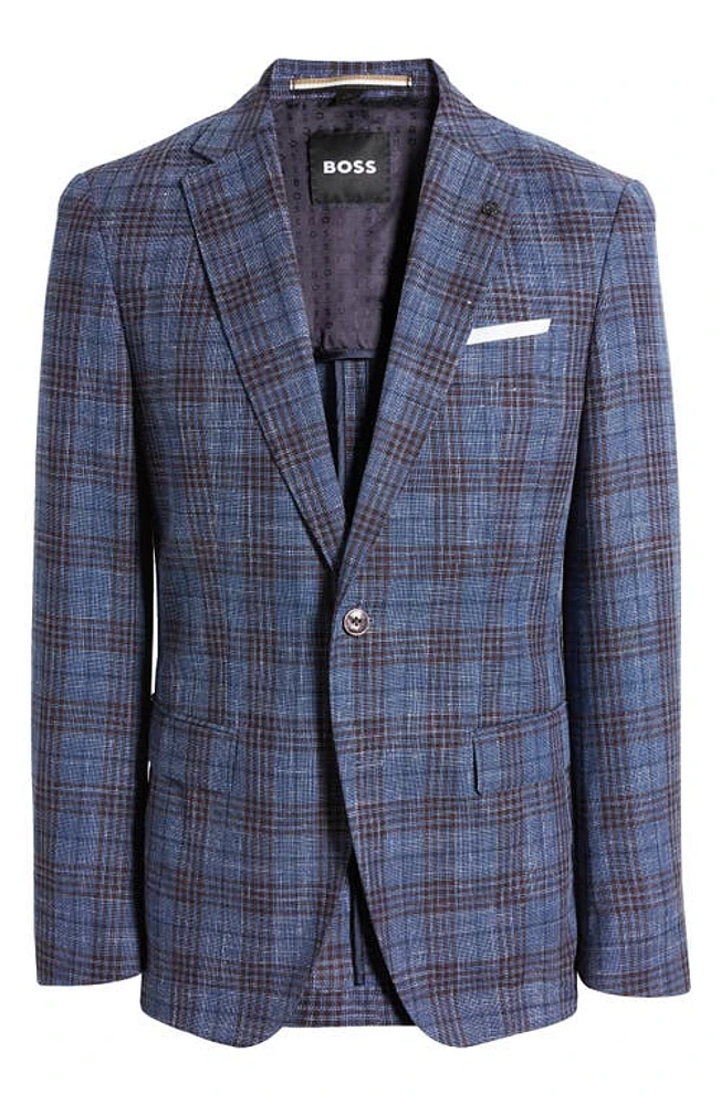 BOSS Hutson Plaid Virgin Wool, Cotton & Linen Blend Sport Coat Dark Blue at Nordstrom,