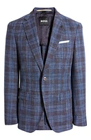 BOSS Hutson Plaid Virgin Wool, Cotton & Linen Blend Sport Coat Dark Blue at Nordstrom,