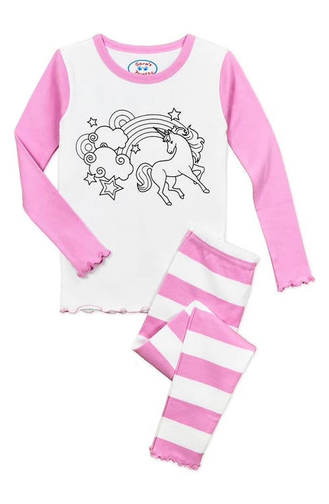 Sara's Prints Kids' Color Me Two-Piece Fitted Pajamas with 6-Piece Marker Set Pink at Nordstrom,