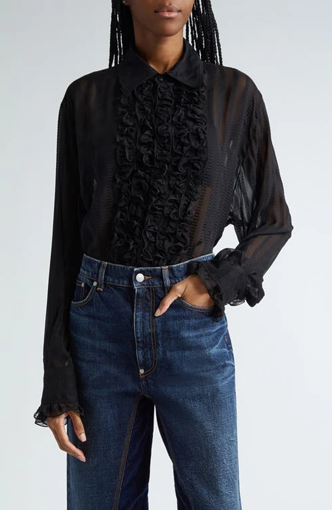 Stella McCartney Ruffle Bib Silk Blend Jacquard Shirt Black at Nordstrom, Us