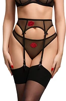 Von Follies By Dita Teese Liptrix Embroidered Sequin Kiss Mesh Garter Belt Black at Nordstrom,