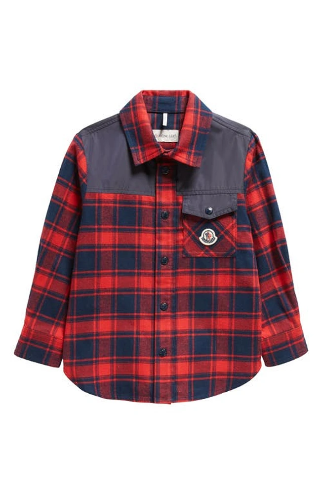 Moncler Kids' Mixed Media Plaid Shirt Jacket in Red at Nordstrom, Size 4Y