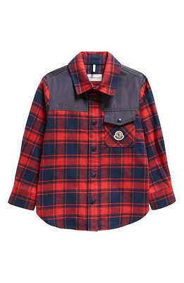 Moncler Kids' Mixed Media Plaid Shirt Jacket in Red at Nordstrom, Size 4Y