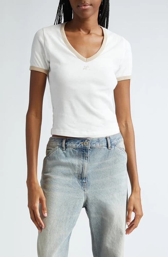 Courrèges V-Neck Cotton Jersey Ringer T-Shirt White Heritage/Sand at Nordstrom,