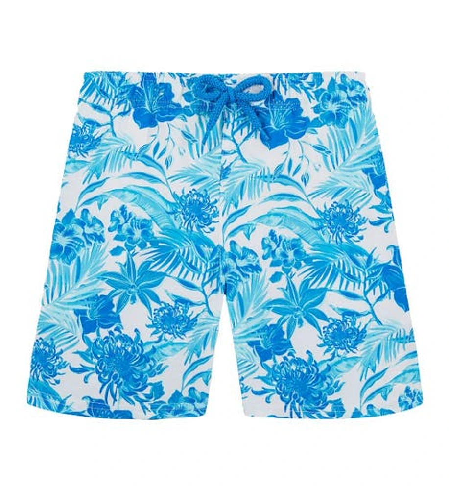 Vilebrequin Kids' Tahiti Flowers Stretch Swim Trunks in Blanc at Nordstrom