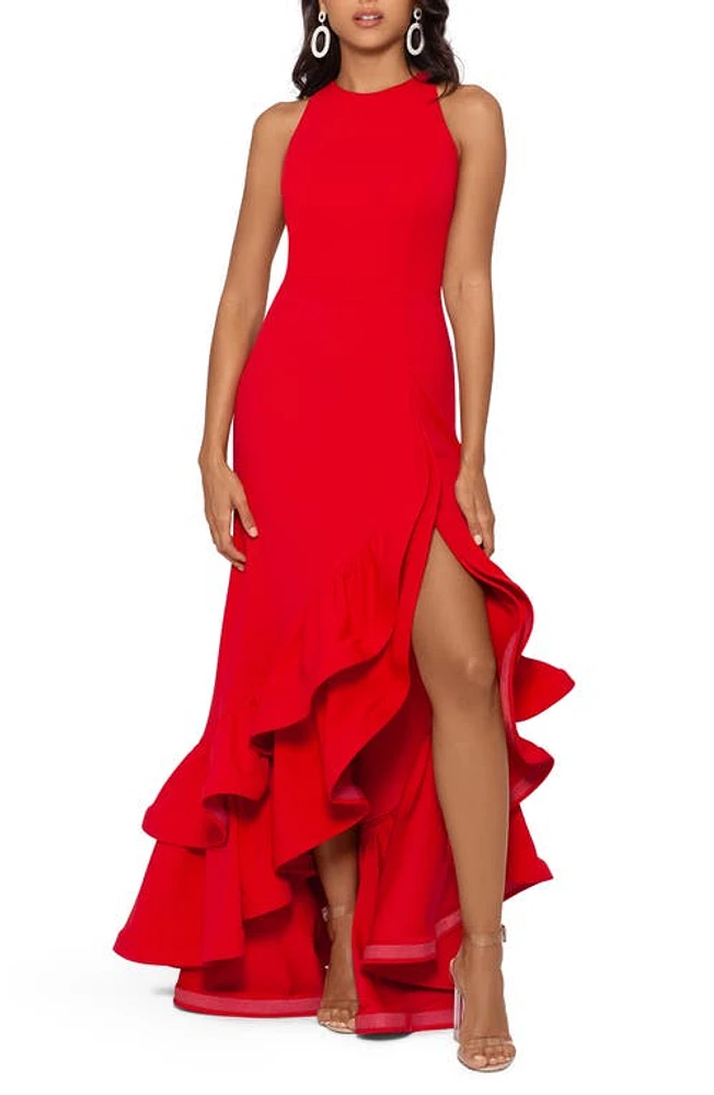 Betsy & Adam Ruffle Halter Crepe Gown at Nordstrom