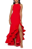 Betsy & Adam Ruffle Halter Crepe Gown at Nordstrom