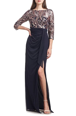 JS Collections Carrie Sequin Embroidered Draped Gown Navy Rose Gold at Nordstrom,