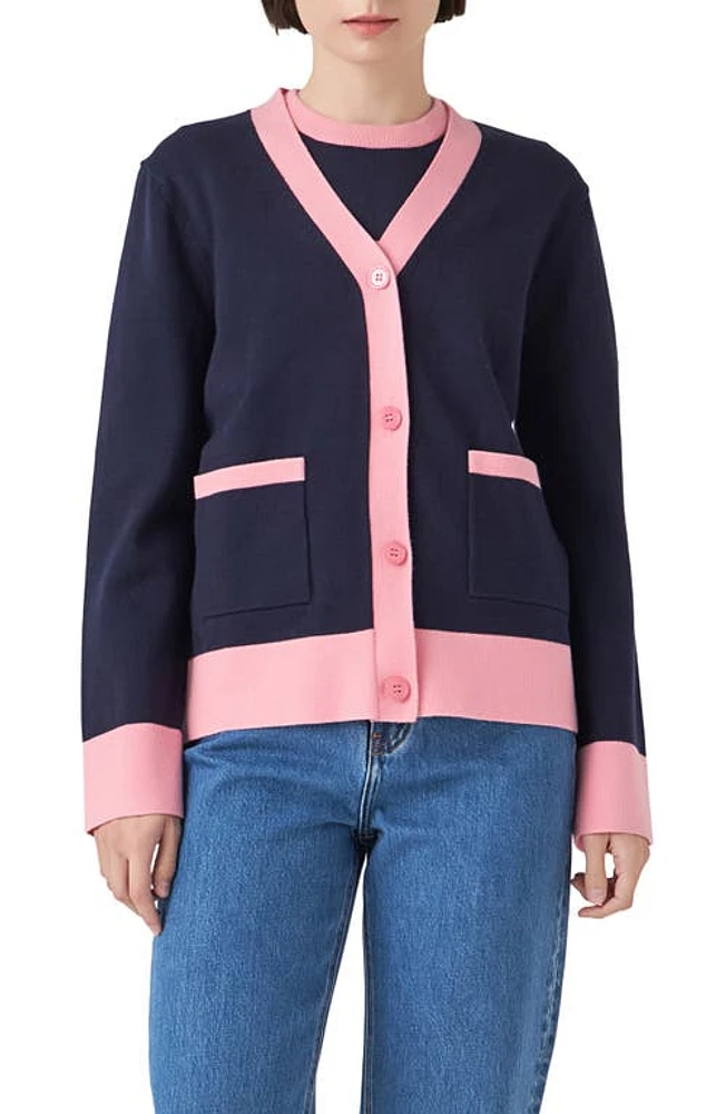 English Factory Contrast Cardigan in Blue/Pink at Nordstrom, Size Small