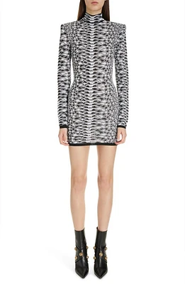 Balmain Long Sleeve Snakeskin Texture Knit Minidress Black/White at Nordstrom, Us