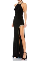 Ieena for Mac Duggal Crystal Halter Jersey Gown Black at Nordstrom,