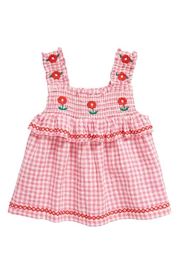 Mini Boden Kids' Embroidered Smocked Top Pink Gingham at Nordstrom,