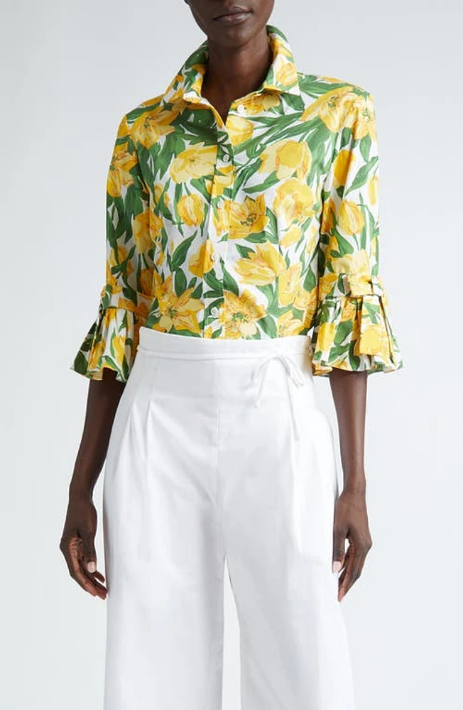 Carolina Herrera Floral Ruffle Stretch Cotton Button-Up Shirt White Multi at Nordstrom,