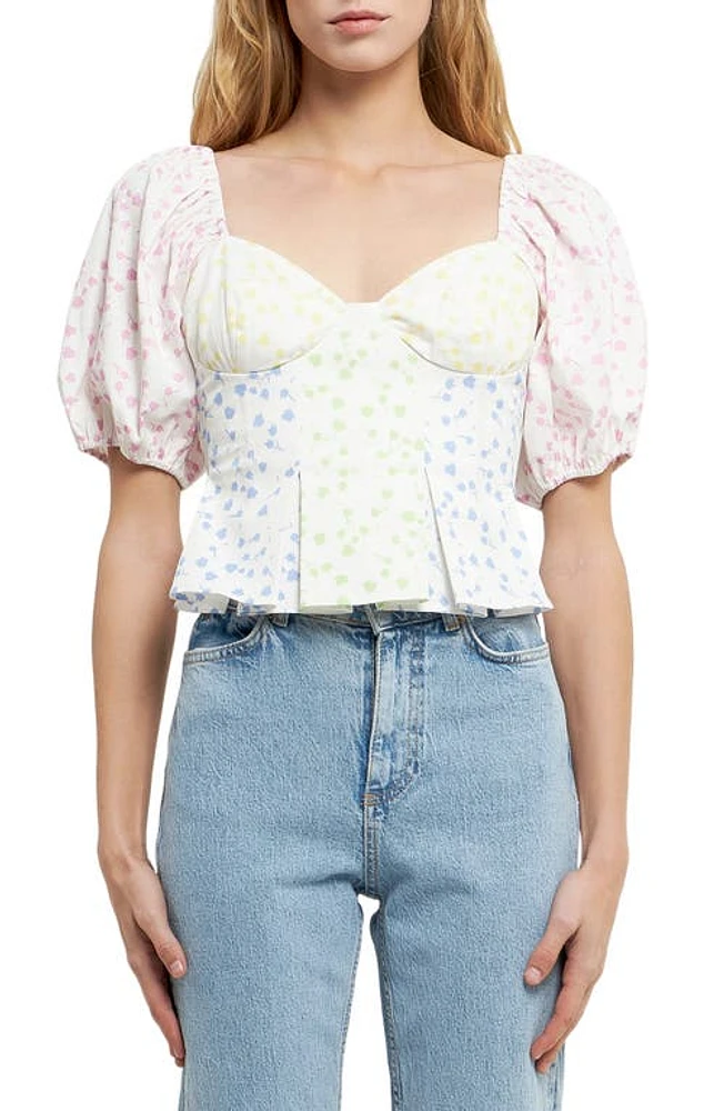 English Factory Floral Patchwork Puff Sleeve Crop Top White Multi at Nordstrom,