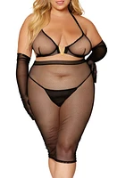 Dreamgirl Wireless Stretch Fishnet Bra & Slip Skirt Set Black at Nordstrom,