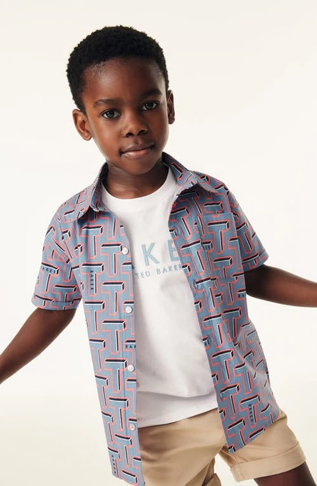 Baker by Ted Kids' Cotton Graphic T-Shirt & Print Short Sleeve Button-Up Shirt Set Blue at Nordstrom,