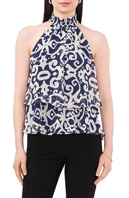 Chaus Medallion Print Smocked Halter Neck Blouse Navy/White at Nordstrom,