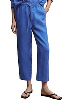 MANGO Tie Waist Linen Crop Pants in Medium Blue at Nordstrom