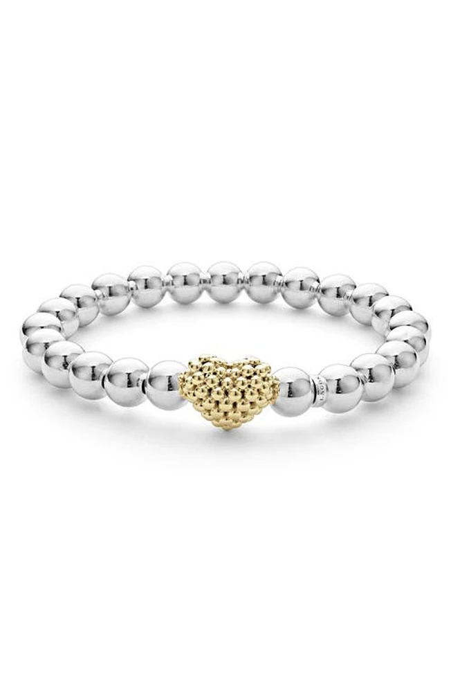 LAGOS Heart Charm Beaded Stretch Bracelet in Silver Gold at Nordstrom, Size 7