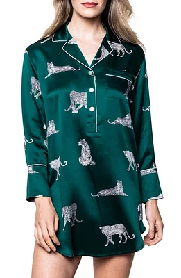 Petite Plume Panther Print Piped Mulberry Silk Nightshirt Green at Nordstrom,