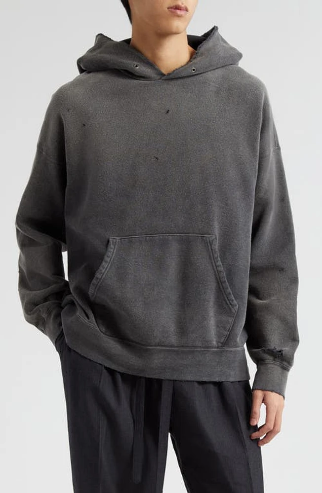 VISVIM Jumbo Distressed Oversize Cotton Fleece Hoodie Black at Nordstrom,